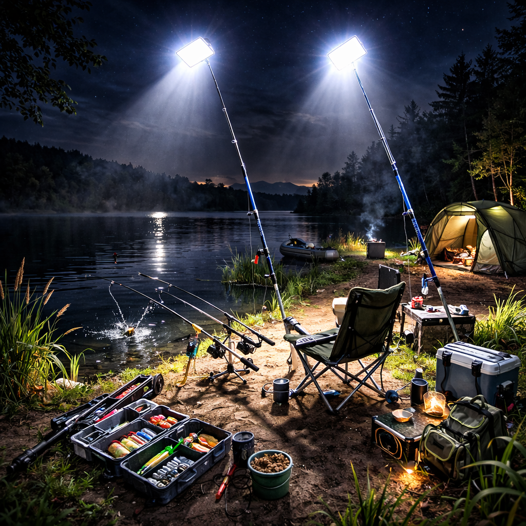 Kit Nocturna eLIVE FR-04, Proiector Camping LED 47W 4558lm, Waterproof, Brat Telescopic Ajustabil 4,5m, 3 Adaptoare 220V, Telecomanda, Geanta Transport