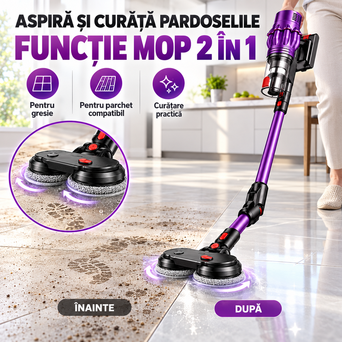 Aspirator vertical fara fir 650W, 48 kPa, autonomie 60 minute, cu 2 acumulatori, culoare Mov