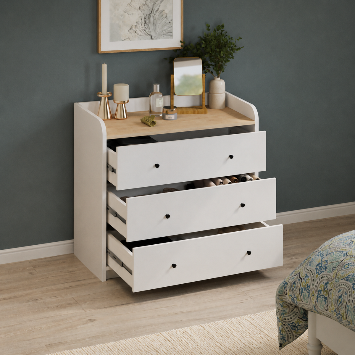 Comoda dormitor din PAL 90x50,1x90 cm, cu 3 sertare si 6 compartimente