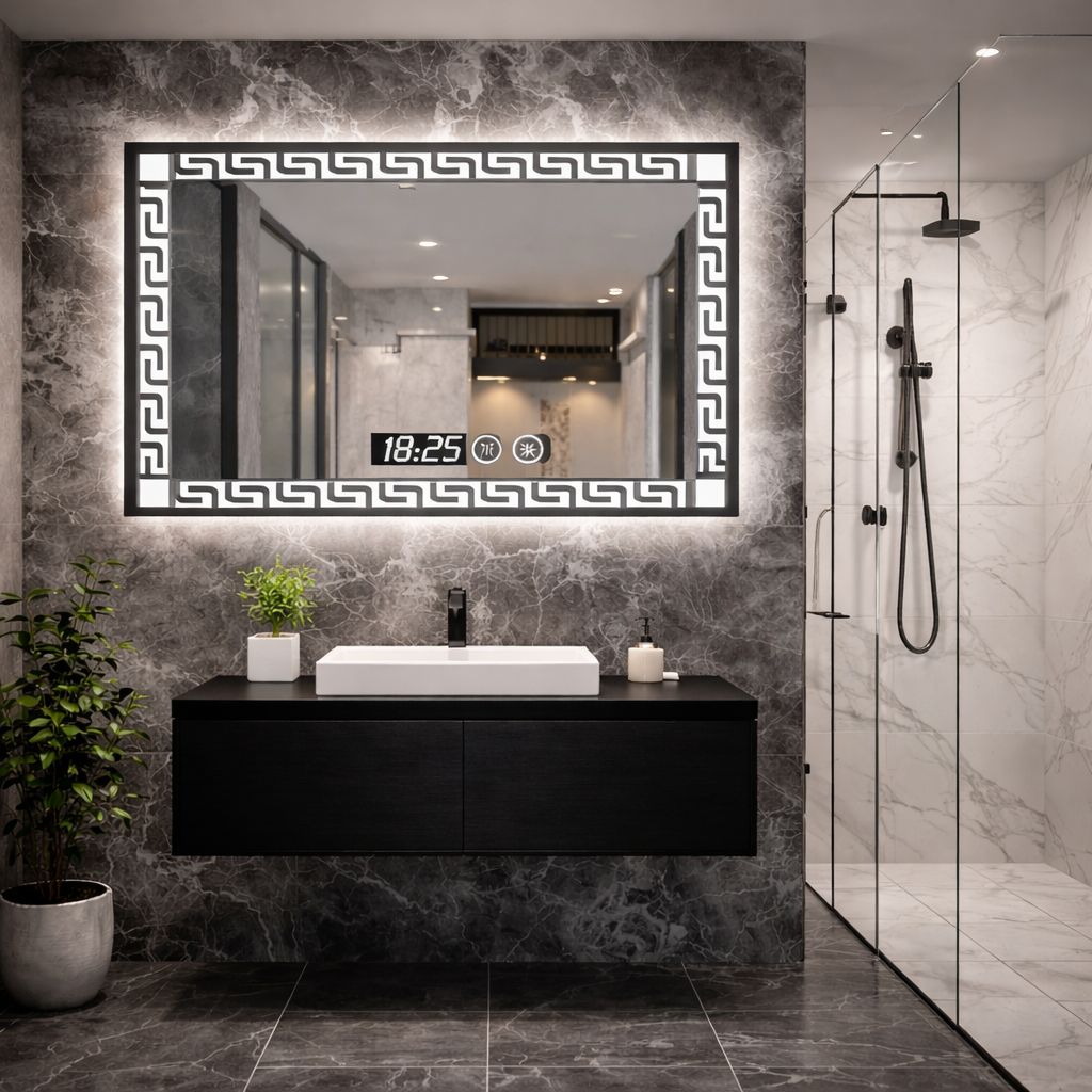Oglinda LED Premium pentru Baie 80x60 cm Iluminare 3 Culori Ceas si Antiaburire