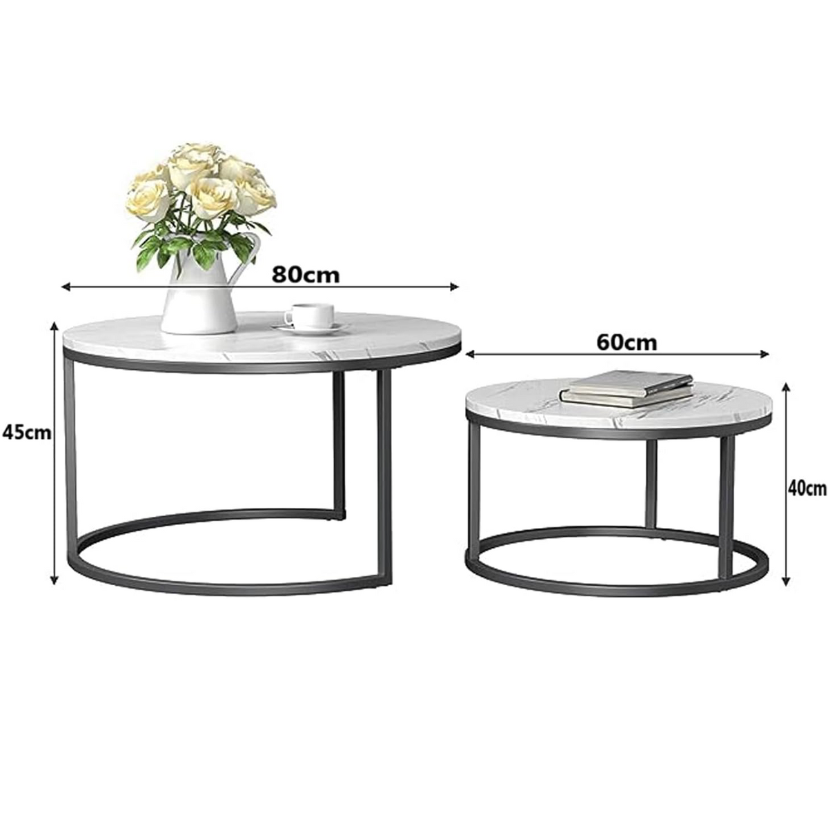 RESIGILAT - Set 2 masute rotunde de cafea cu efect de marmura, diametru 80/60 cm, blat MDF, cadru metalic