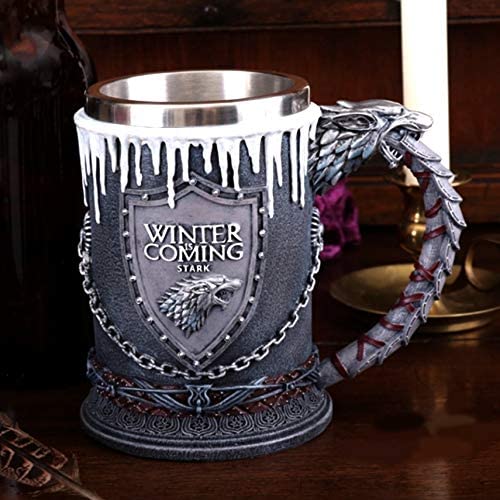 Halba de bere medievala 600 ml Winter is Coming, maner dragon, efect gheata, interior inox