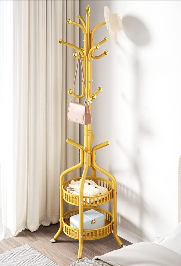 Cuier de podea metalic auriu, 34 x 189 cm, cu carlige multiple si 2 rafturi de depozitare, tip hall tree, pentru hol, dormitor sau birou