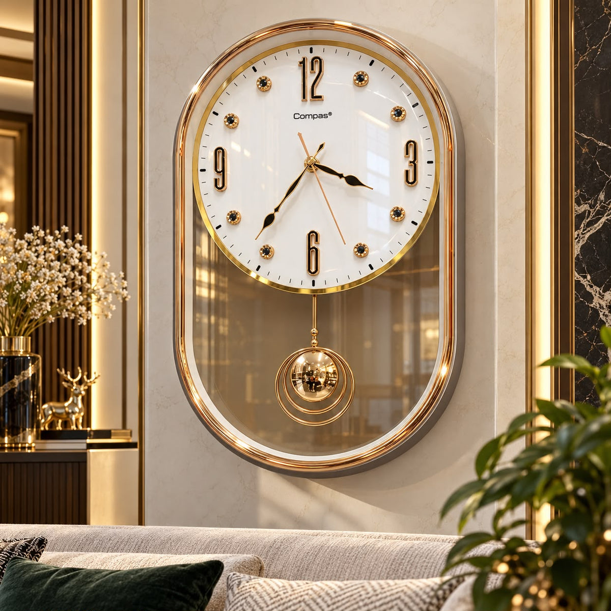 Ceas de Perete Premium cu Pendul Decorativ, Design Elegant Auriu, Formă Ovală – 57 × 30 cm - imagine principala