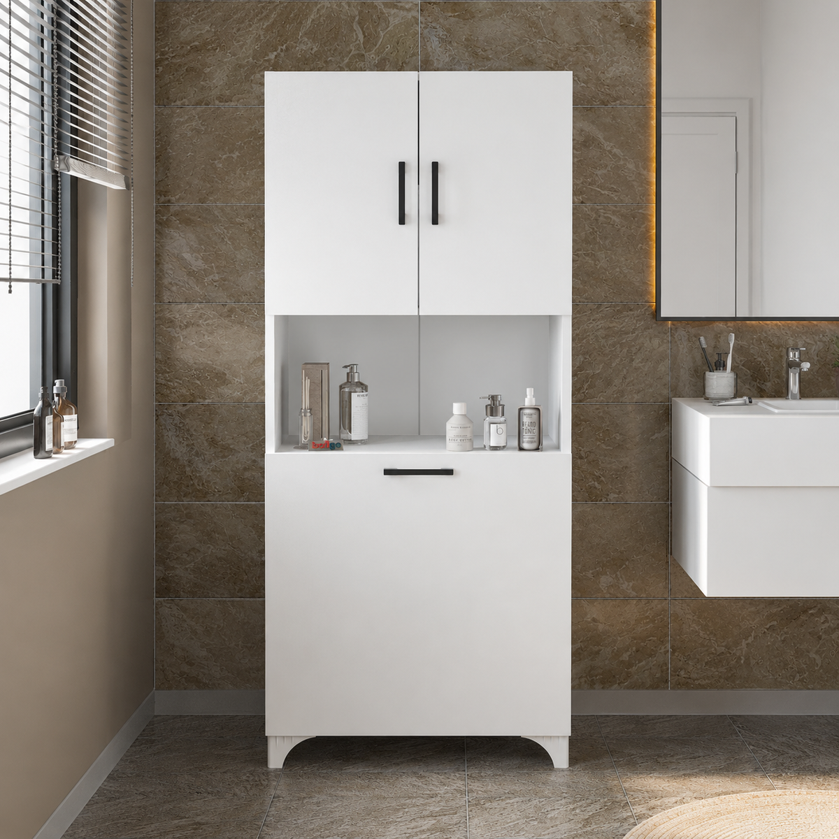RESIGILAT - Dulap multifunctional pentru baie sau bucatarie, cu spatiu pentru cos de rufe, 60 x 33,8 x 153,6 cm