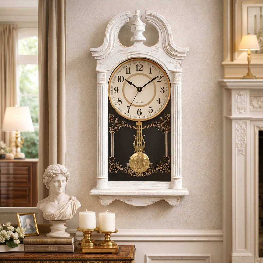 Ceas de perete cu pendul 66x29 cm design clasic elegant cu accente aurii silentios