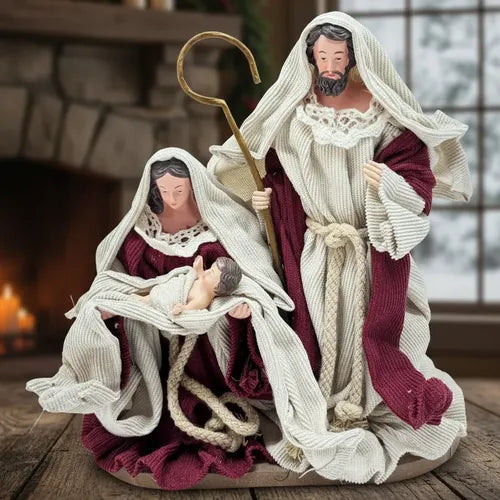 Statuetă Nașterea Domnului Premium din Rășină, Sfânta Familie, 21 × 11 × 23 cm, Crem și Roșu Burgundy - detaliu produs