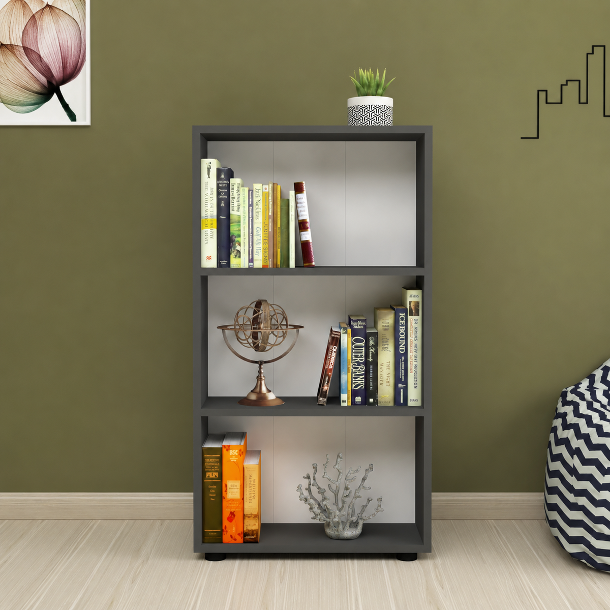 Biblioteca din PAL 55,3x20x106,2 cm, cu 3 rafturi, pentru carti si decoratiuni