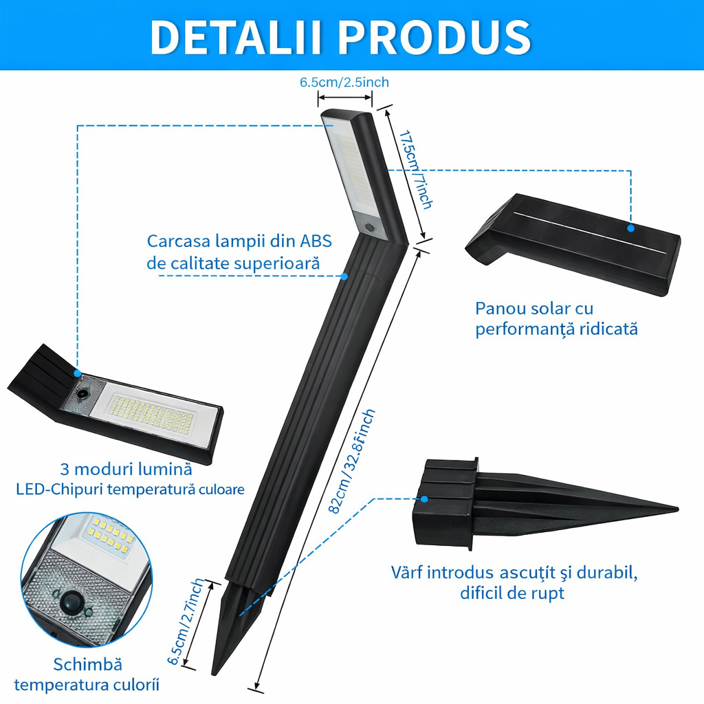 Lampa Solara LED pentru Gradina, 90 LED-uri, 3 Moduri Iluminare, Protectie IP65, Inaltime 83 cm, Culoare Negru