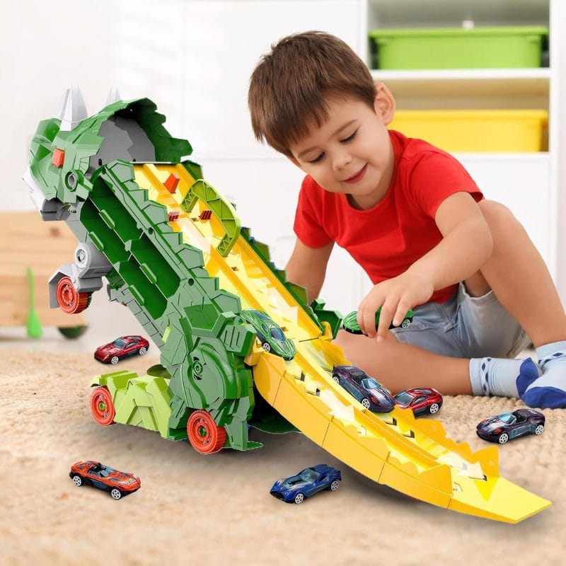 Set Multifunctional Dinozaur 2-in-1, Camion de Transport si Rampa de Lansare cu 2 Masinute