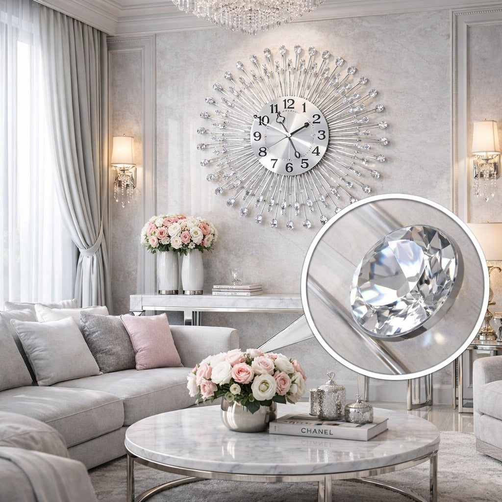 Ceas de perete decorativ premium – metal si cristale – 70 cm – design elegant radiant