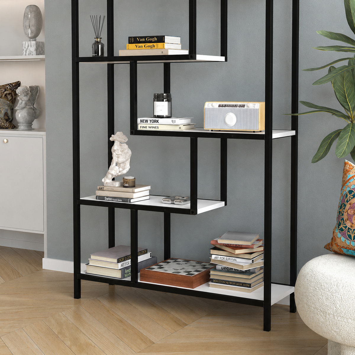 Biblioteca Moderna cu 6 Rafturi pentru Living si Birou, Cadru Metalic, PAL 18 mm, 88 x 30 x 160 cm