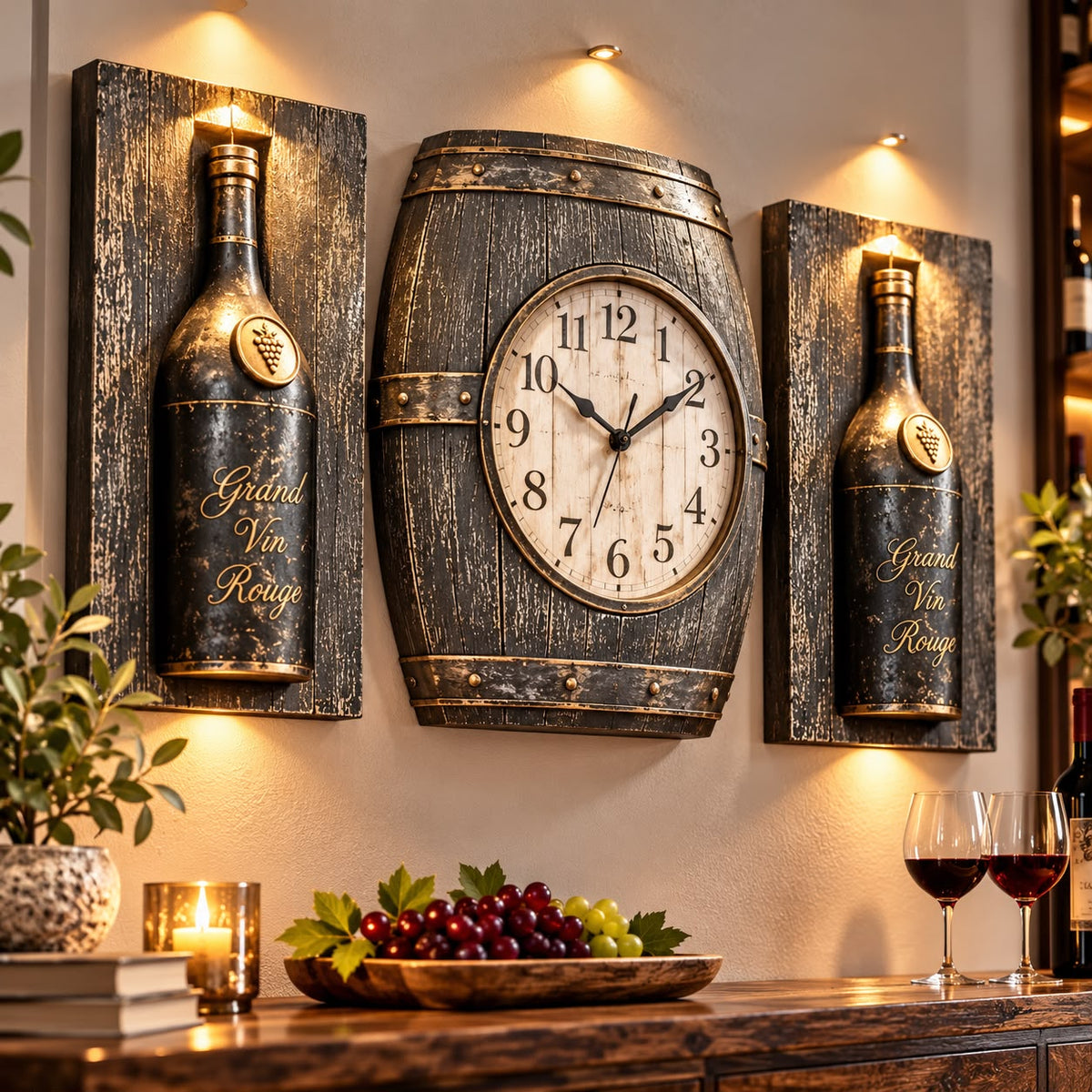 Set Decorativ de Perete Premium cu Ceas și 2 Panouri cu Sticlă de Vin, Design Rustic 3D – 3 Piese