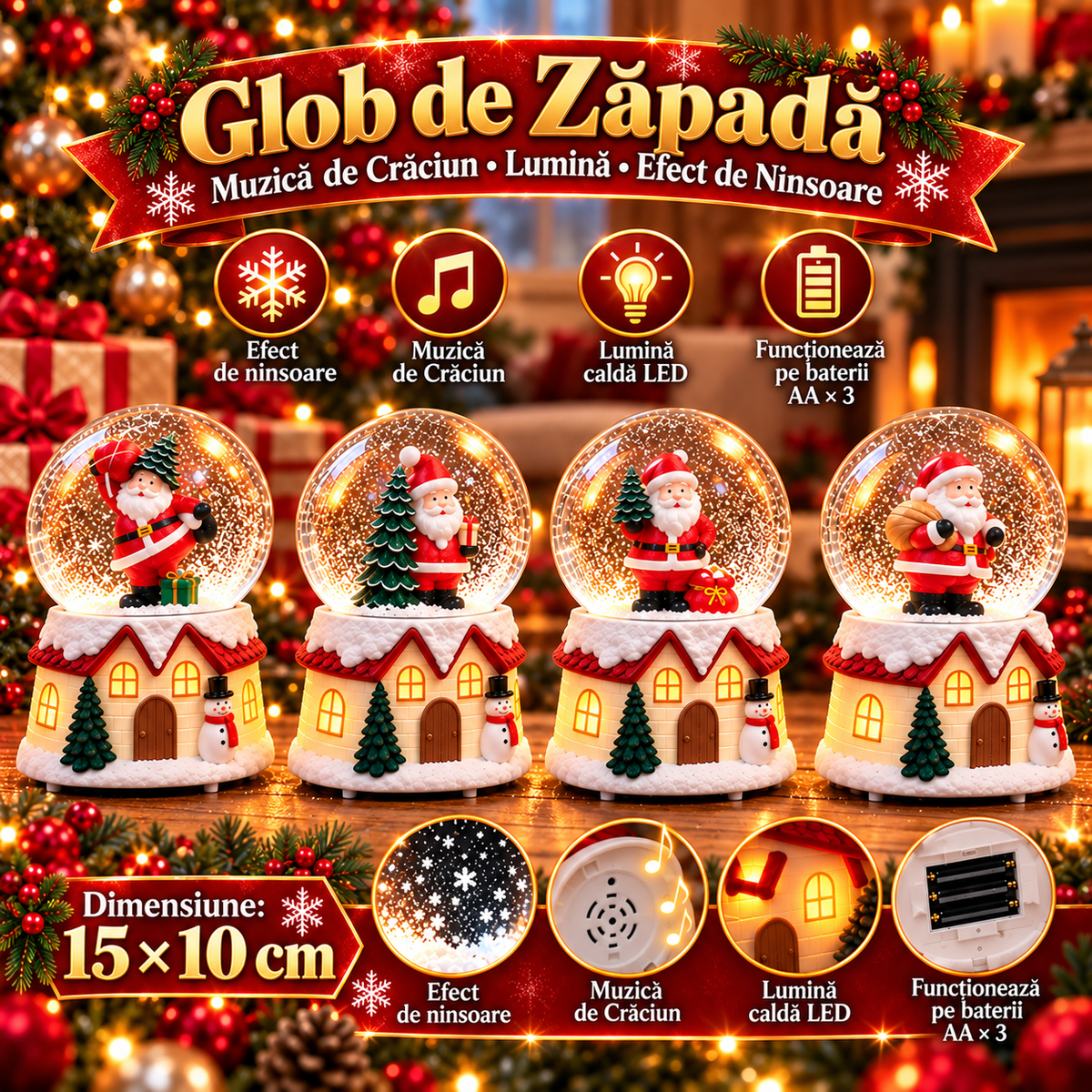 Glob de Zăpadă de Crăciun Premium cu Moș Crăciun, Muzică, Lumină LED și Efect de Ninsoare – 15 × 10 cm - detaliu produs