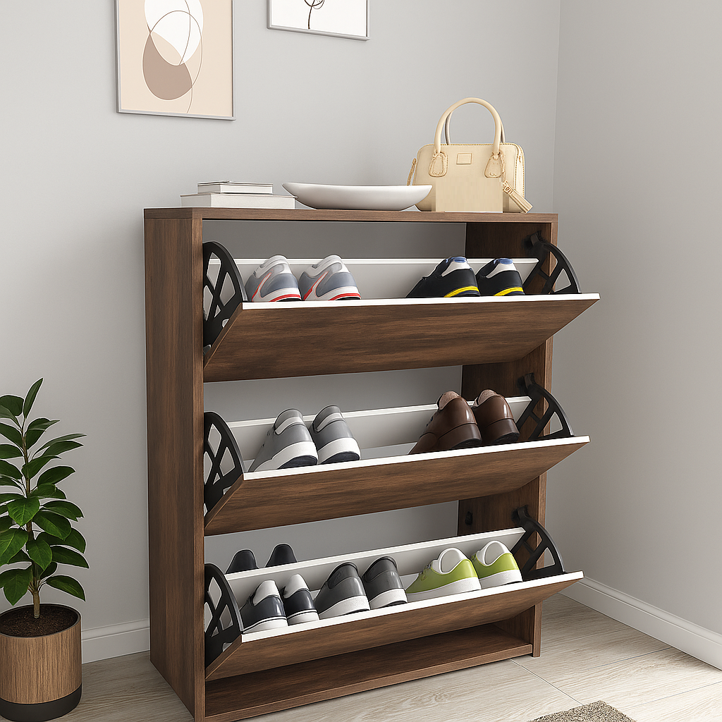 Pantofar cu usa rabatabila si rafturi glisante, 3 compartimente, PAL melaminat de 18 mm, 110 x 73,5 x 22 cm