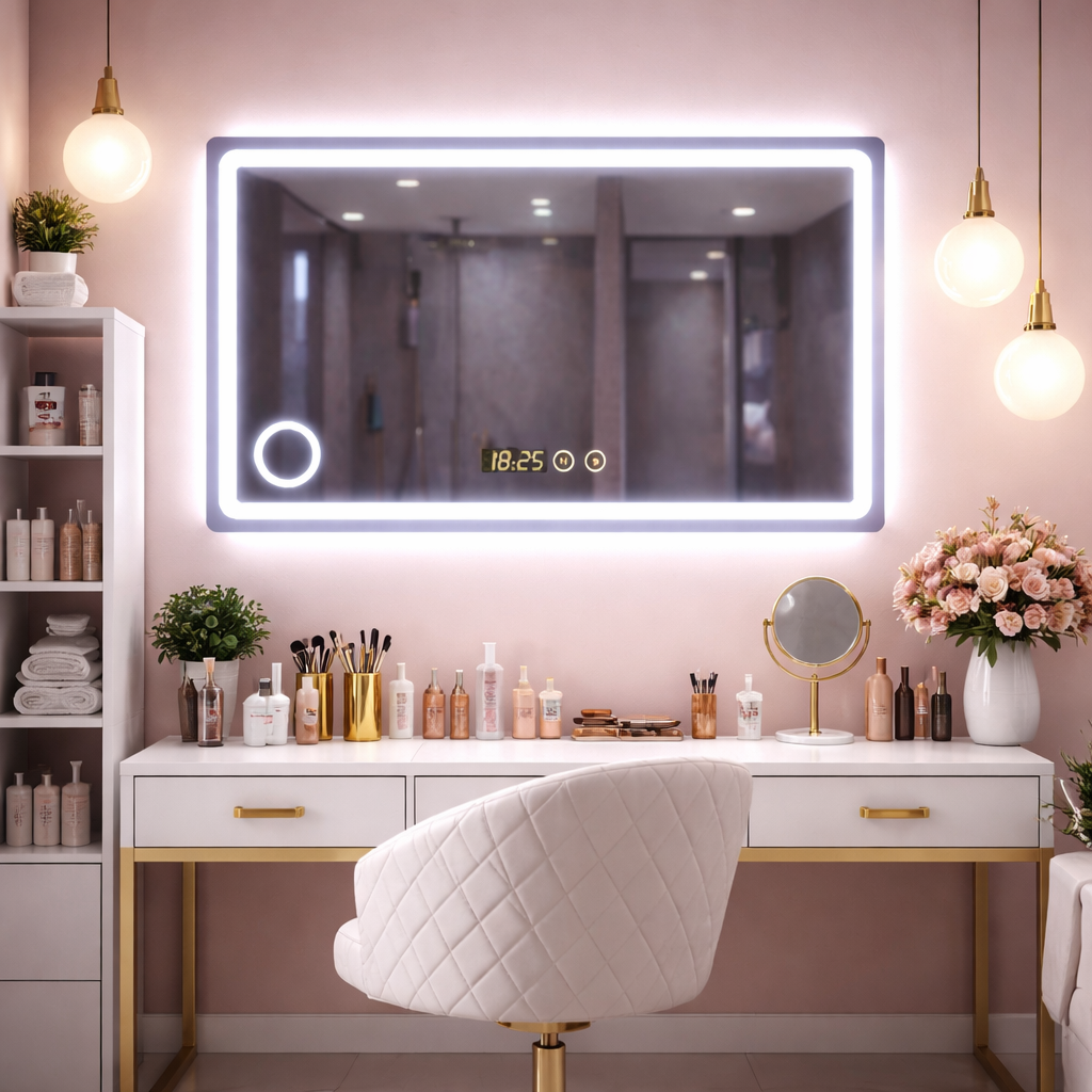 Oglinda LED premium, 90x70 cm, iluminare reglabila, lupa, touch, dezaburire, ceas