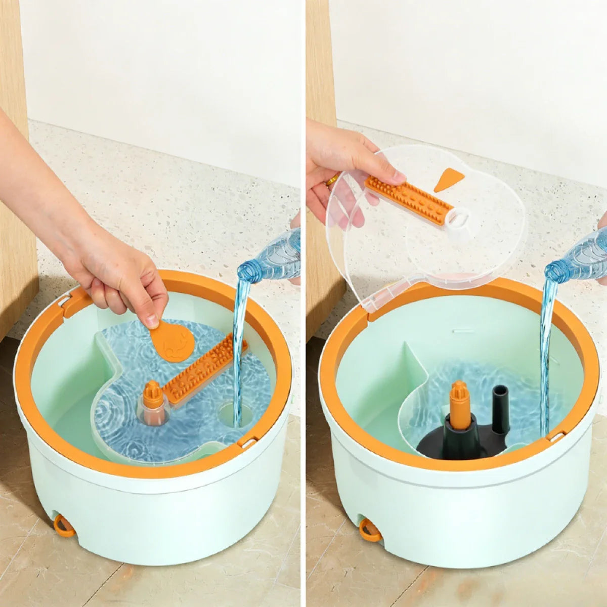 Set mop rotativ 360° cu galeata centrifuga, separare apa curata de apa murdara, sistem evacuare apa, 4 rezerve