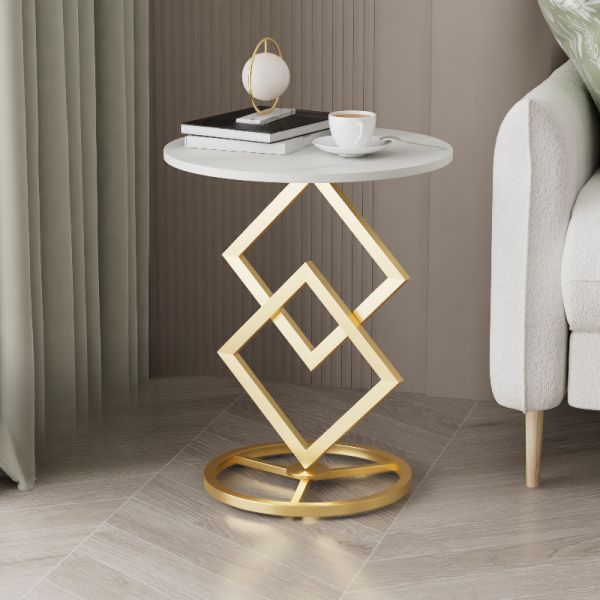 Masuta de cafea moderna cu blat tip marmura si cadru geometric metalic, design artistic, 40 x 58 cm