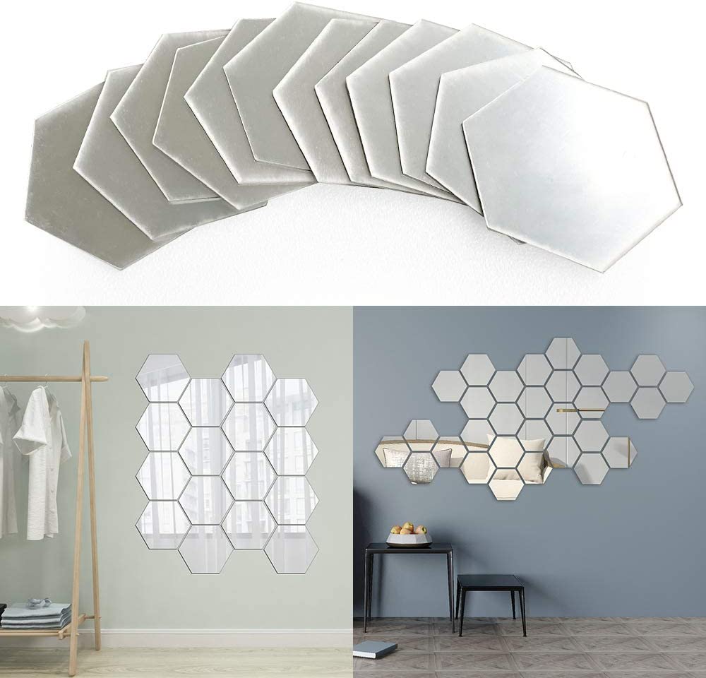Set 12 oglinzi acrilice autoadezive decorative forma hexagon, diametru 7, 13, 20 si 23 cm