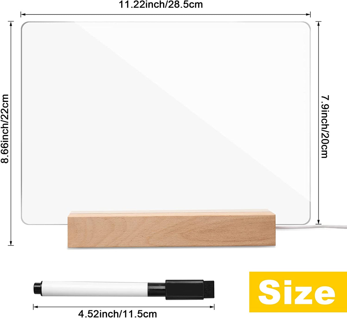 Panou luminos acrilic tip tabla de notite transparenta cu baza din lemn, 30x20cm