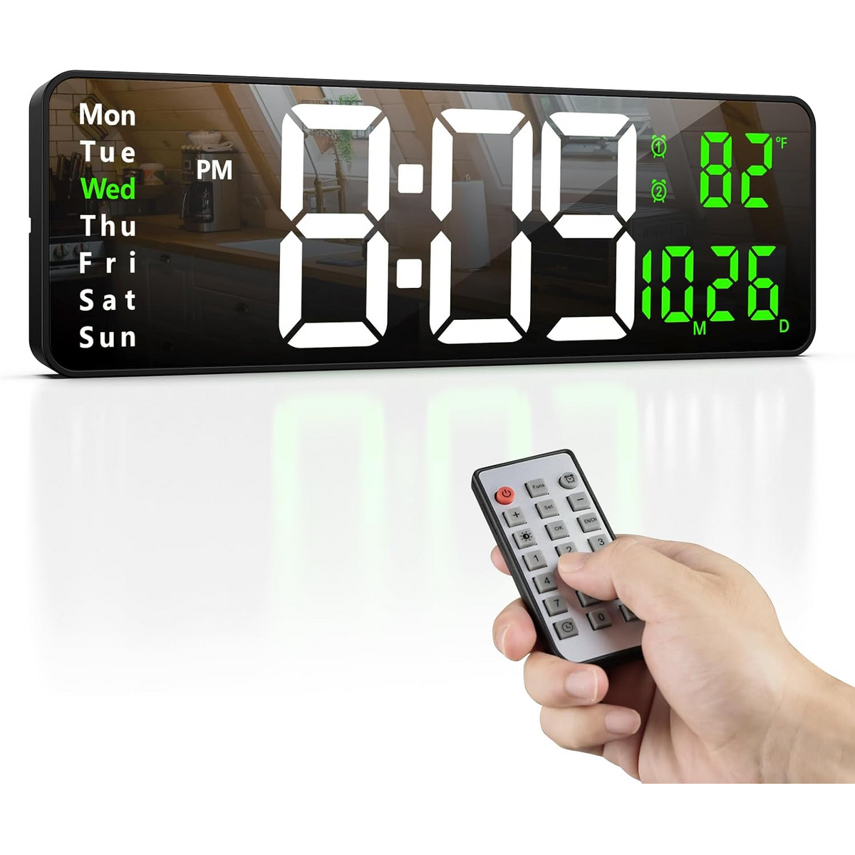 Ceas Digital de Perete cu Afișaj LED Mare 38.7cm – Dată, Temperatură, Alarmă, Ziua Săptămânii, Telecomandă Inclusă
