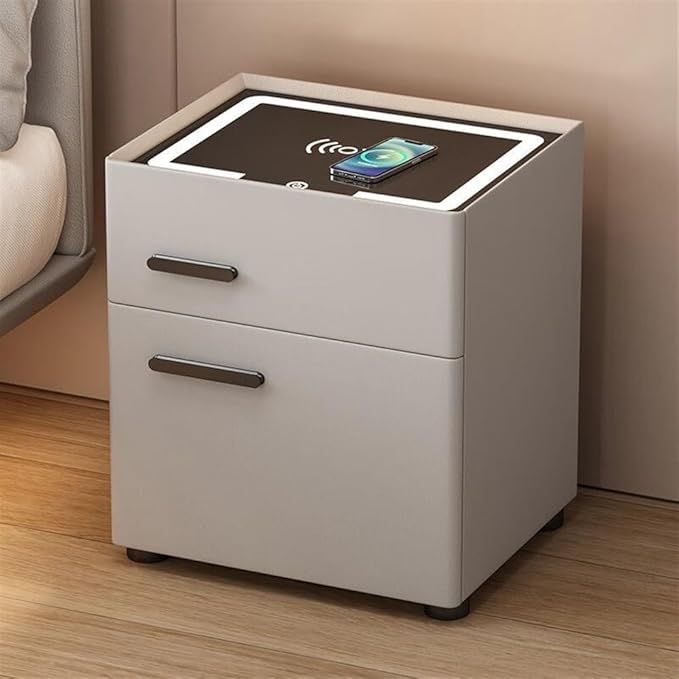 Noptiera smart multifunctionala, cu seif ascuns, iluminare LED tactila cu 3 culori, incarcare wireless si USB, difuzor Bluetooth, 1 sertar