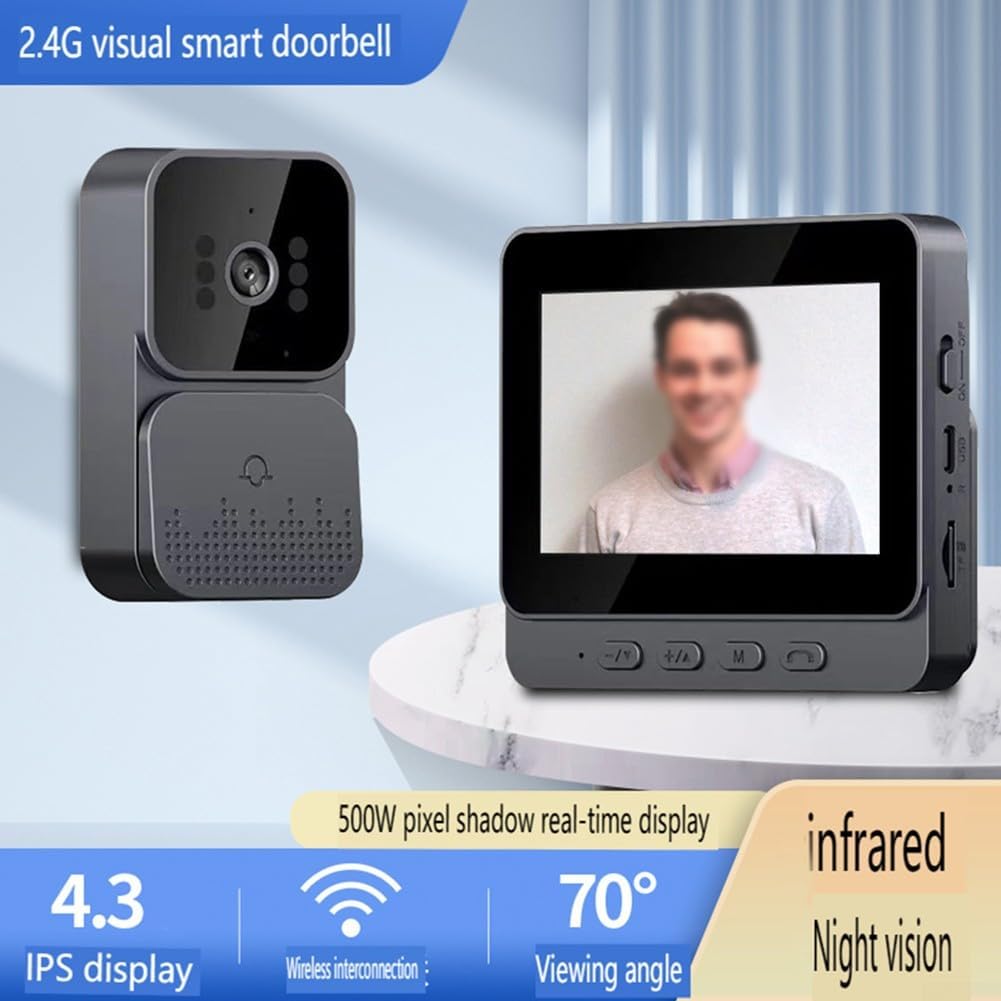 Sonerie video inteligenta Wireless, Ecran IPS 4.3 inch, Night Vision, Senzor IR, Interfon Video HD, 8MP, comunicare bidirectionala, unghi de vizualizare 170°, baterii incorporate, Negru