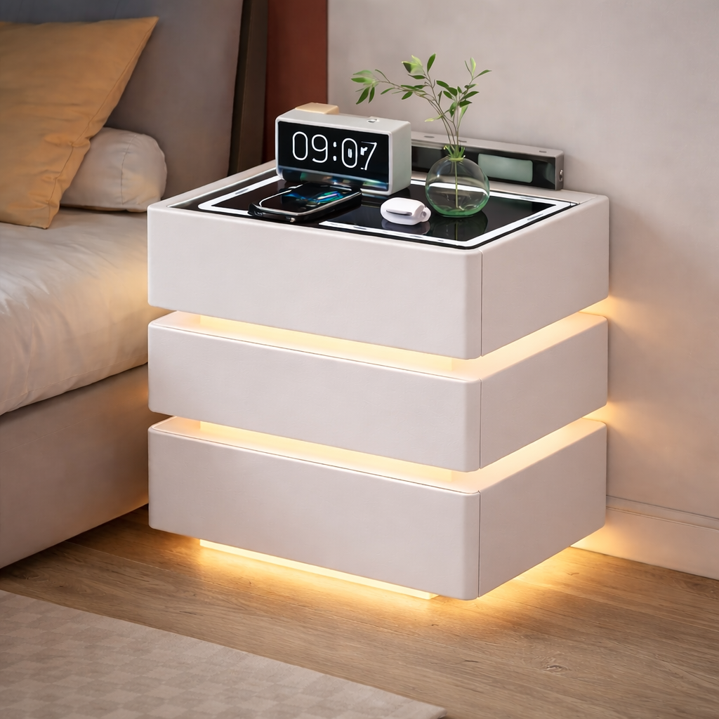 Noptiera inteligenta multifunctionala cu 3 sertare, LED tactil 3 culori, incarcare wireless, difuzor Bluetooth, incarcare USB, blat din sticla securizata,