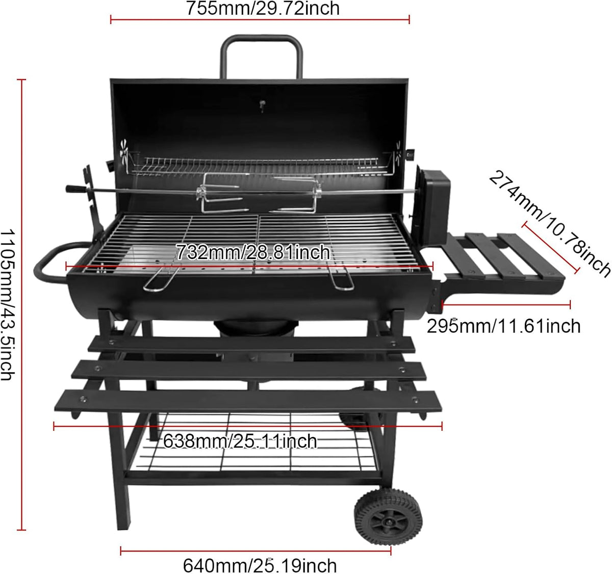 Gratar cu capac si termometru 105,5x85x118 cm – rafturi laterale, roti si aerisire reglabila