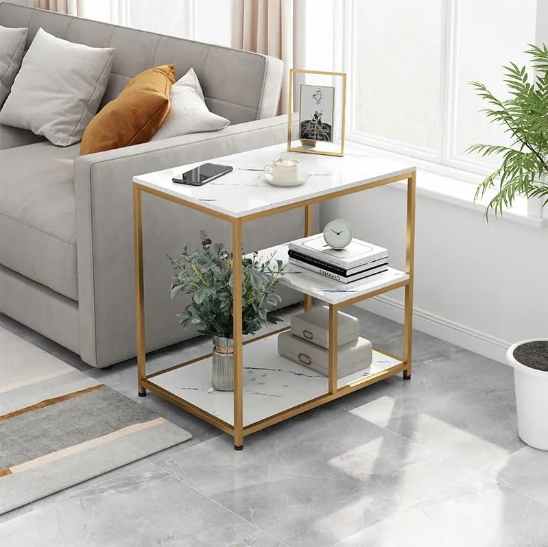 Masuta moderna cu blat tip marmura si cadru metalic auriu – 3 nivele de depozitare 60 x 40 x 68 cm