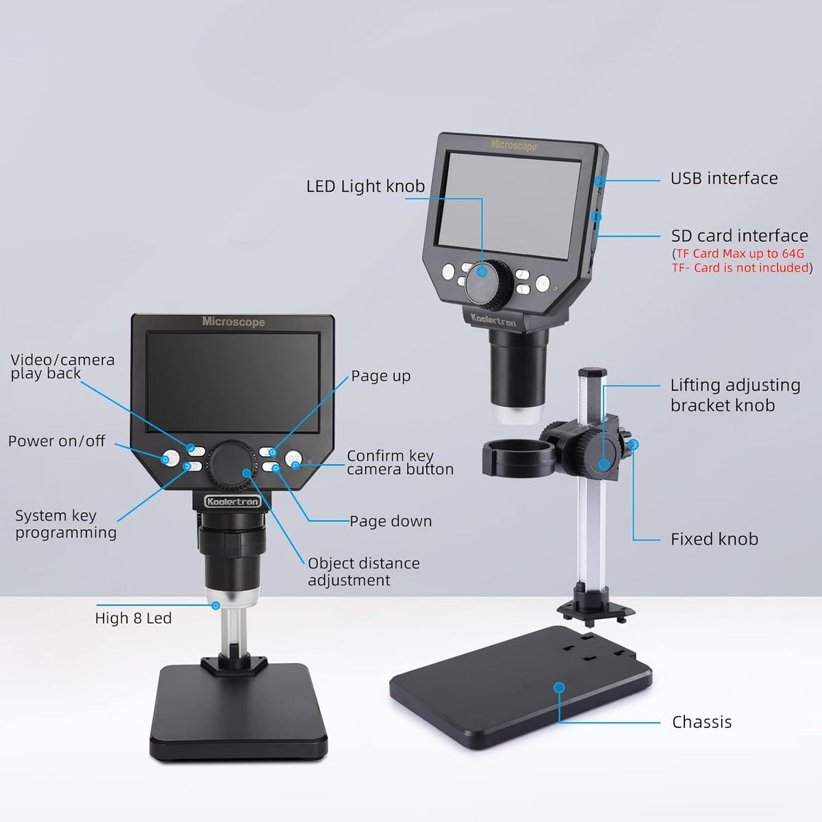 Microscop digital LCD 4.3” HD, 8MP, zoom 1-1000X, 8 LED-uri, baterie reincarcabila si suport PC