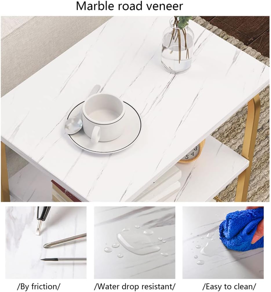 Masa Laterala Moderna 40×30×62 cm cu Cadru Auriu si Rafturi aspect Marmura Alba