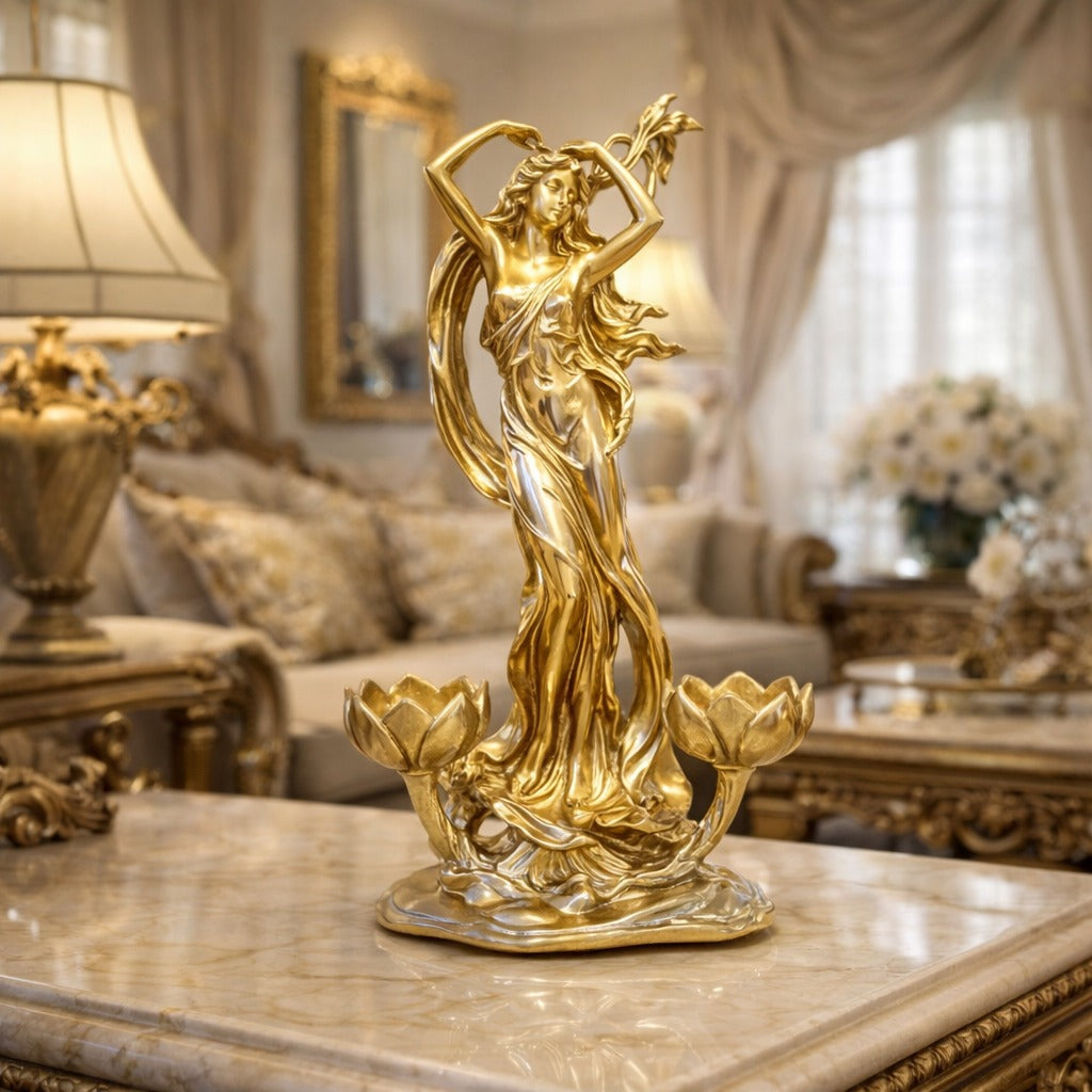 Suport decorativ lumanari, statueta femeie in miscare, rasina, finisaj auriu, design artistic lux, 30x20 cm
