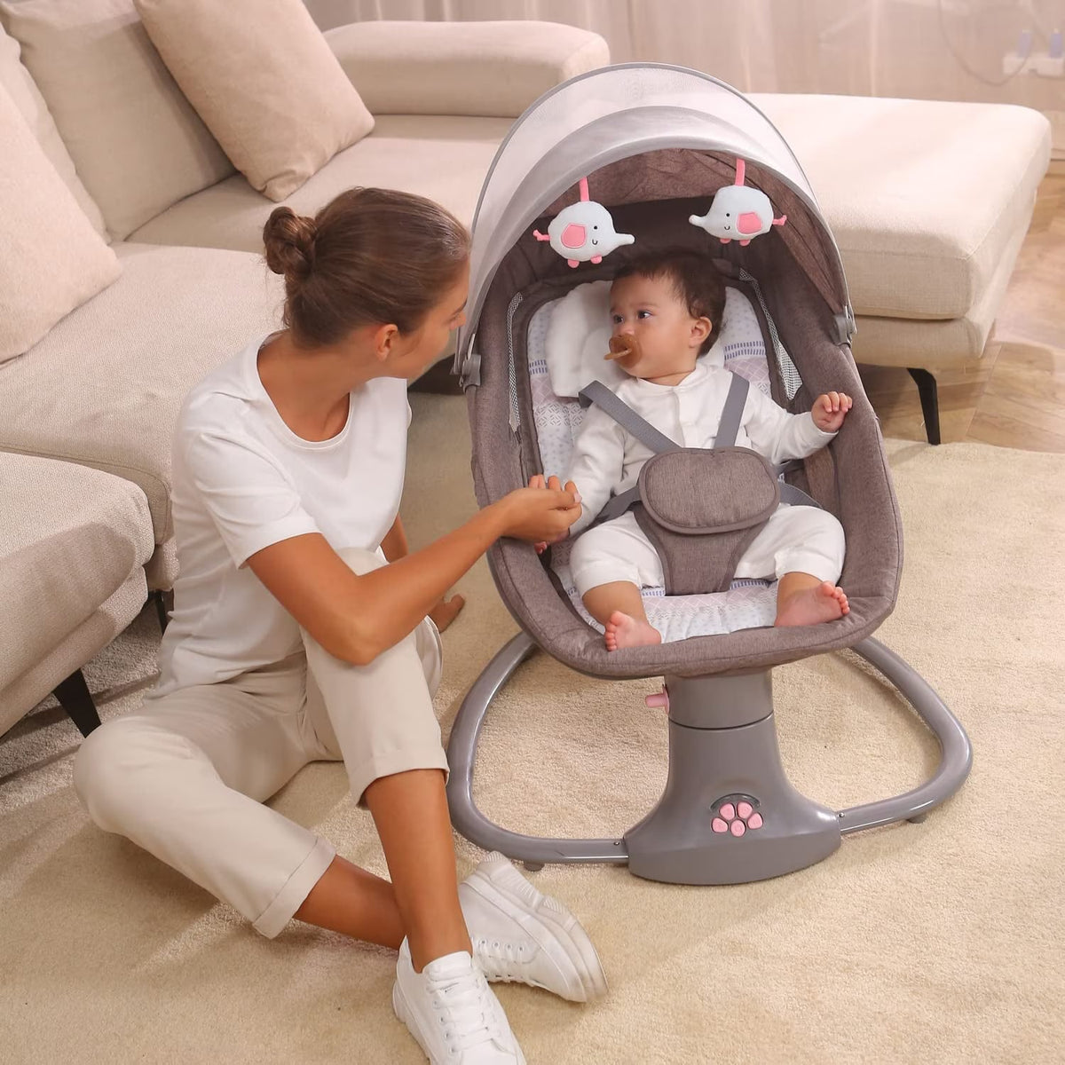 Balansoar copii 3 in 1, Electric, cu Plasa Tantari, Perna Detasabila, Jucarii, USB, Bluetooth, Telecomanda, 0-3 ani, Gri