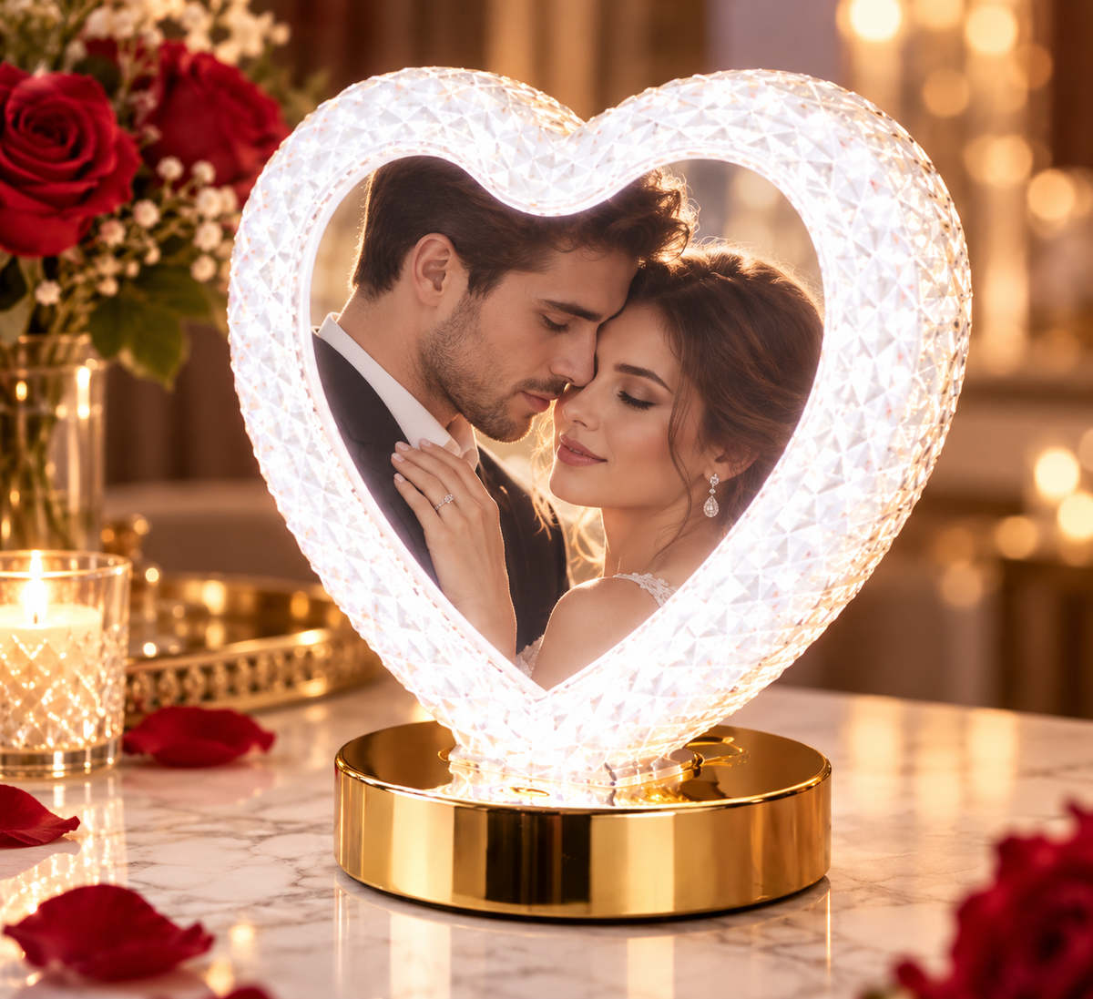 Rama Foto Inima cu LED Decorativa Finisaj Transparent Baza Metalica Cadou Cuplu Dimensiune 15x15 cm - detaliu produs