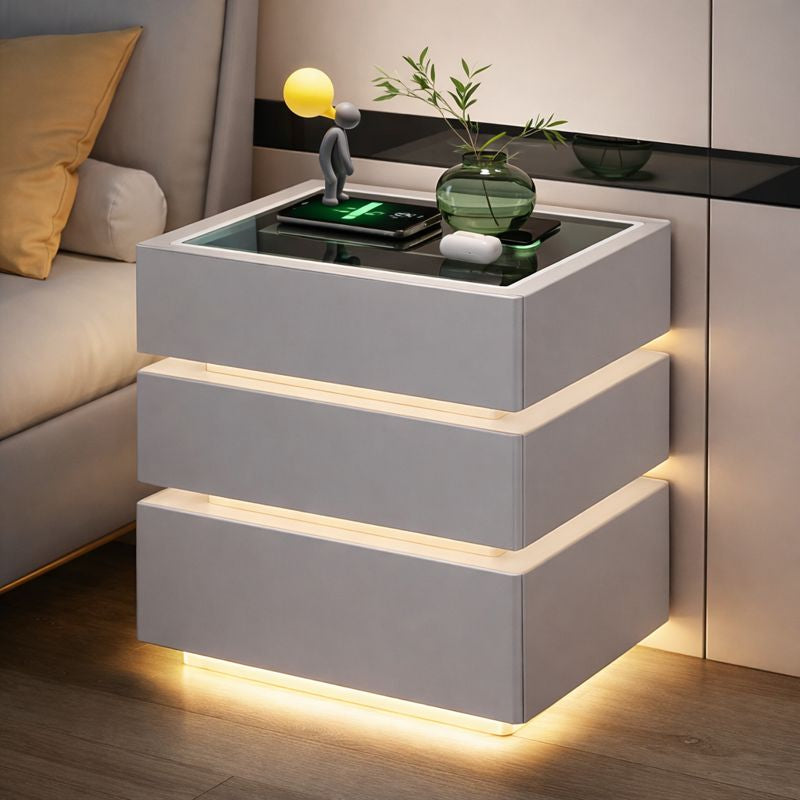 Noptiera inteligenta multifunctionala cu 3 sertare, LED tactil 3 culori, incarcare wireless, difuzor Bluetooth, incarcare USB, blat din sticla securizata,