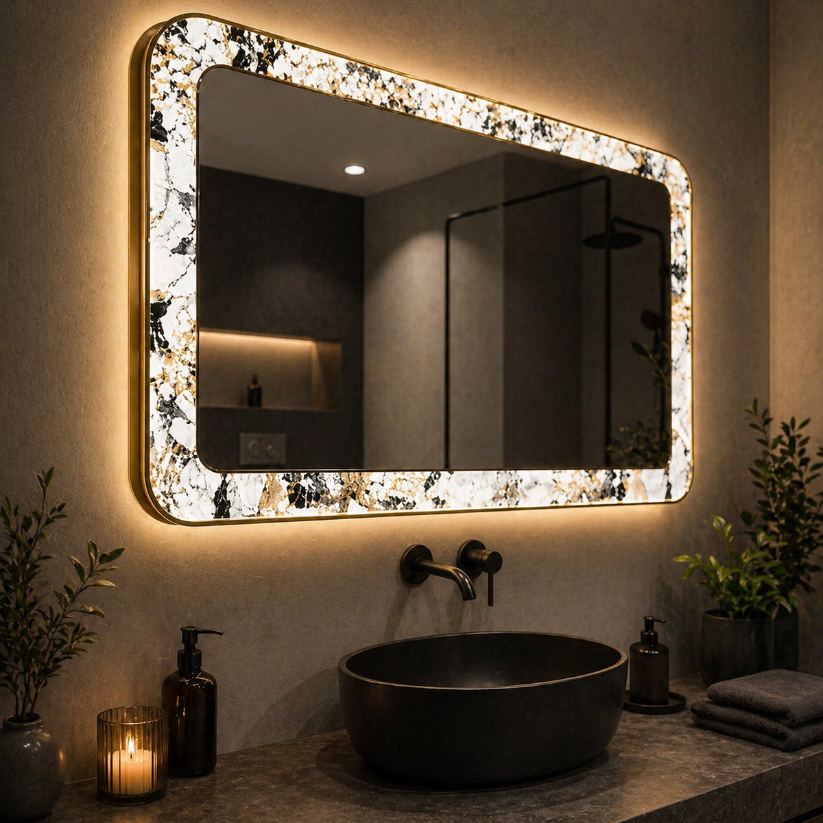 Oglinda LED 90x70 cu Model Decorativ pe Margini Iluminare Ambientala Touch Dezaburire si Ceas Digital