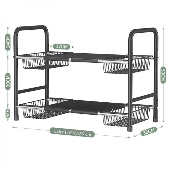 Raft metalic pentru depozitare sub chiuveta, extensibil 55-85 cm, 4 cosuri, 85 (L) x 25 (l) x (H) cm, negru
