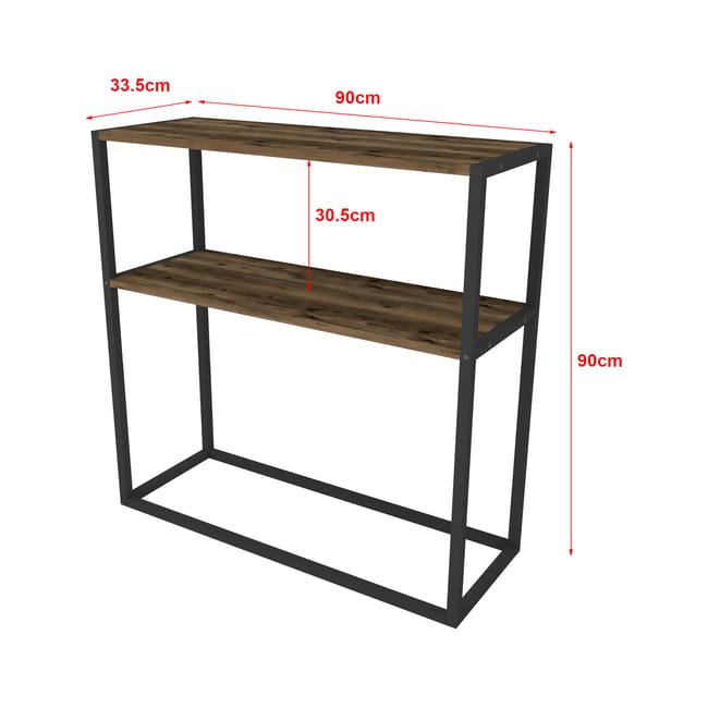 Masă consola decorativa cu 2 rafturi, 90x90x33,5 cm, efect stejar și cadru metalic