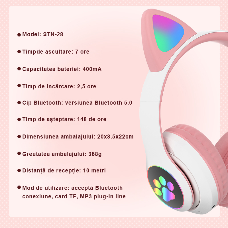 RESIGILAT - Casti wireless pliabile cu urechi de pisica iluminate LED, Bluetooth 5.0, Bass Stereo