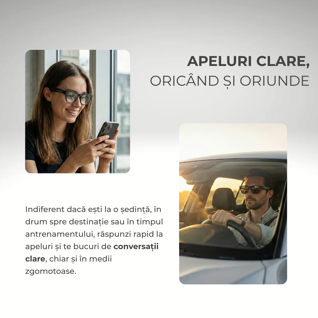 Ochelari Smart VIVENDO SMART GLASSES, Camera 1080P Full HD, AI Integrat, Apeluri Bluetooth, Control Tactil, Streaming Muzica, Wi-Fi 2.4G, Microfoane Duale, Negru