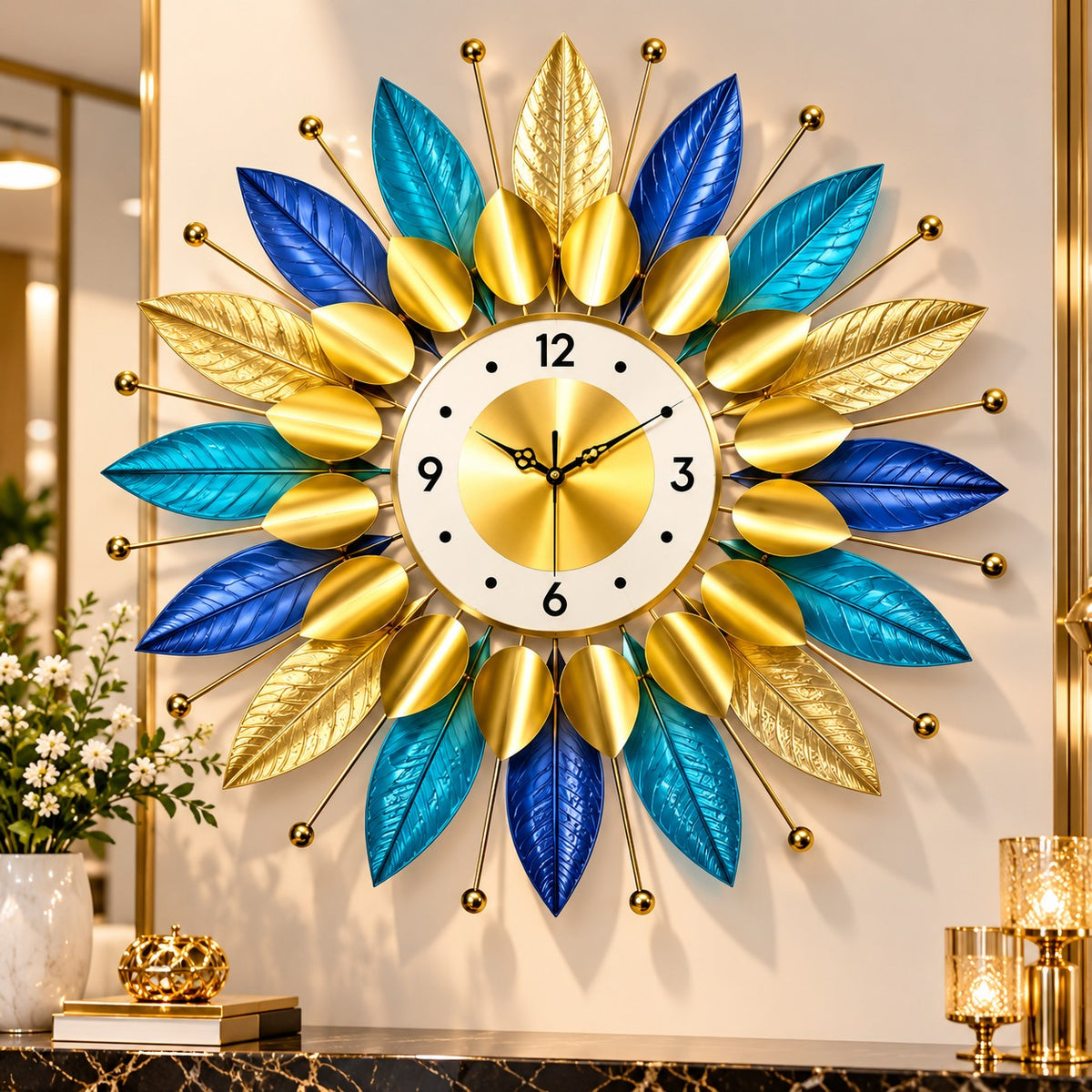 Ceas de Perete Premium Decorativ cu Frunze Aurii, Albastre și Turcoaz – Diametru 60 cm - imagine principala