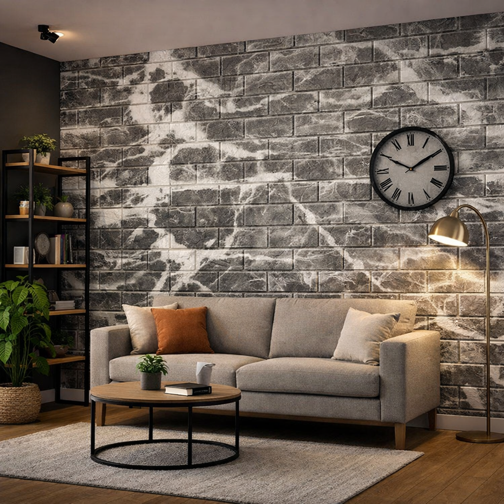 Tapet 3D caramida model gri cu alb auto-adeziv pentru interior, 70 x 77 cm