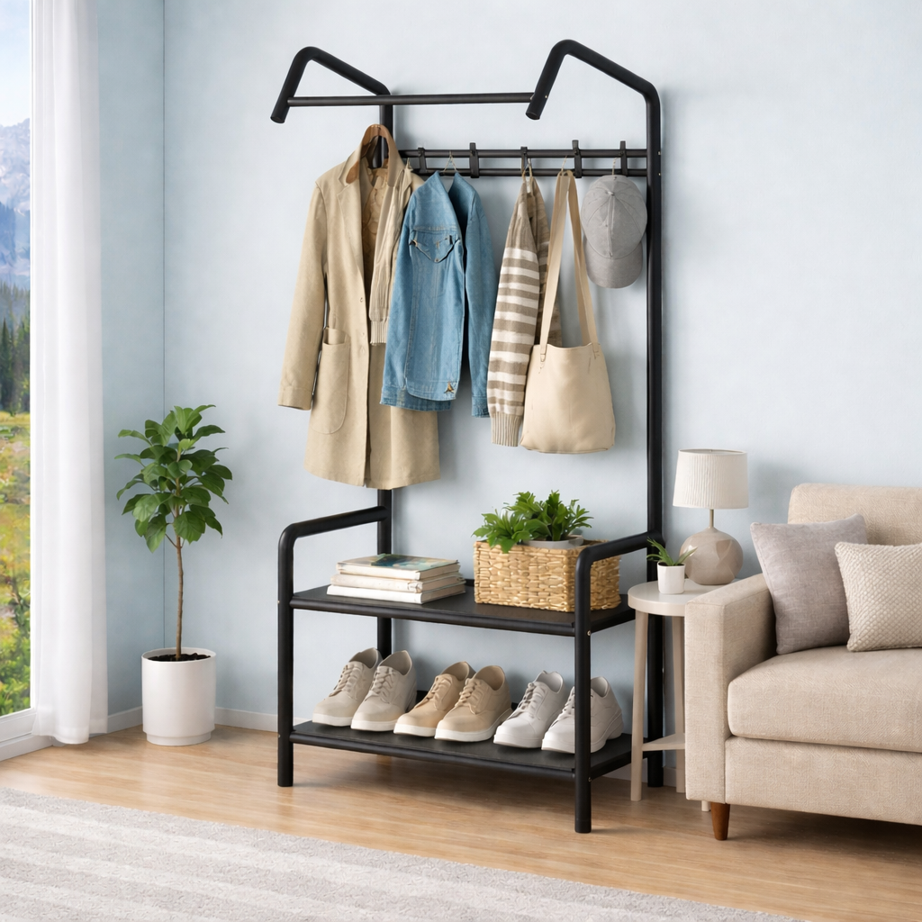 Suport haine metalic 2 in 1 cu polita pentru incaltaminte, 166x60x32 cm