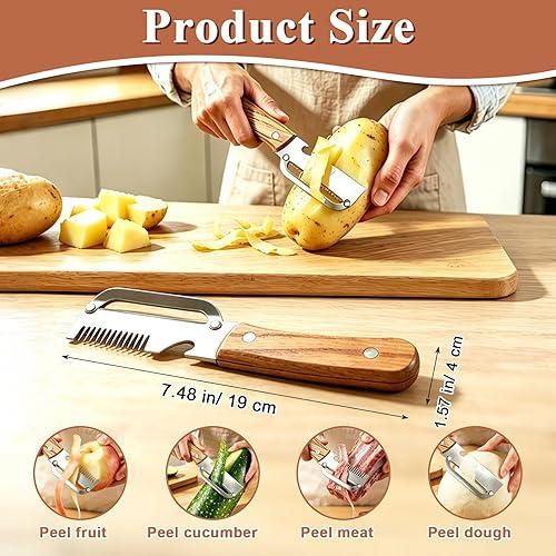 Set 2 curatatoare multifunctionale 2 in 1 pentru fructe si legume, cu deschizator de sticle integrat, lame din otel inoxidabil si maner din lemn - detaliu produs