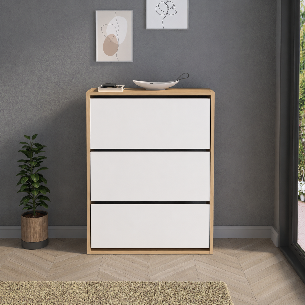 Pantofar cu usa rabatabila si rafturi glisante, 3 compartimente, PAL melaminat de 18 mm, 110 x 73,5 x 22 cm