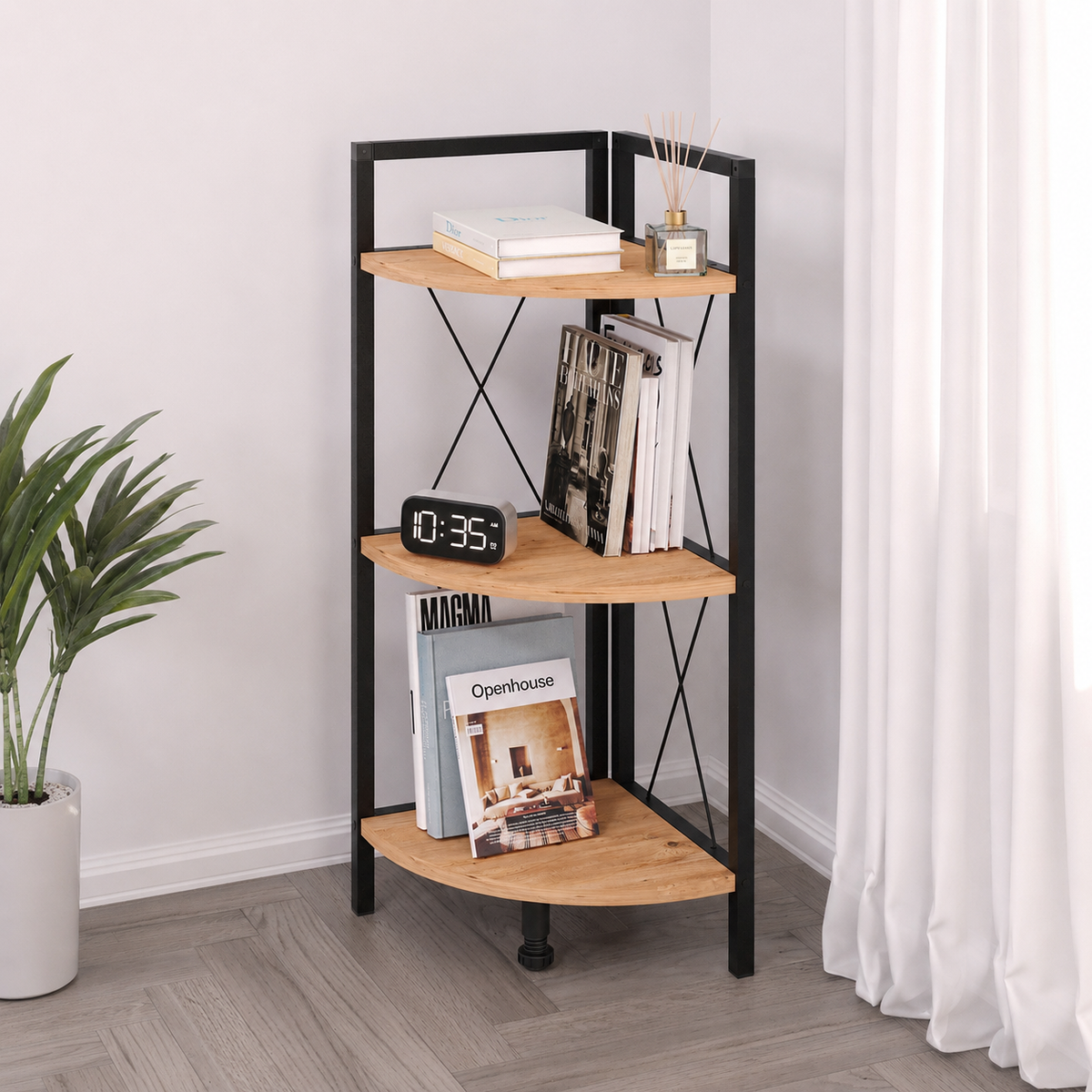 Etajera de colt din PAL si metal 33,5x33,5x87,3 cm, cu 3 rafturi, pentru living, baie sau birou