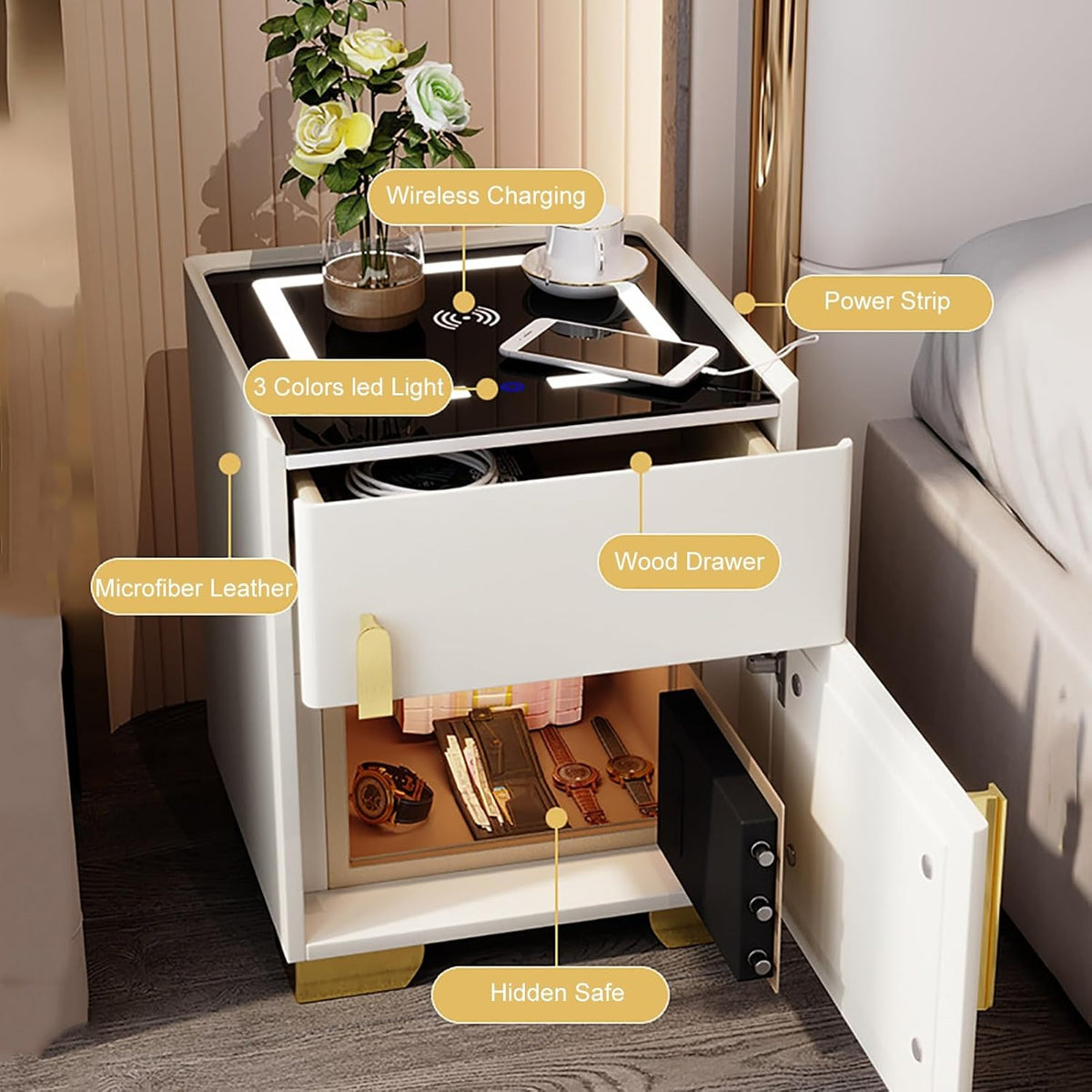 Noptiera cu statie de incarcare, seif ascuns si iluminare LED, Boxe incorporate, reglabila 3 culori pentru dormitor si living