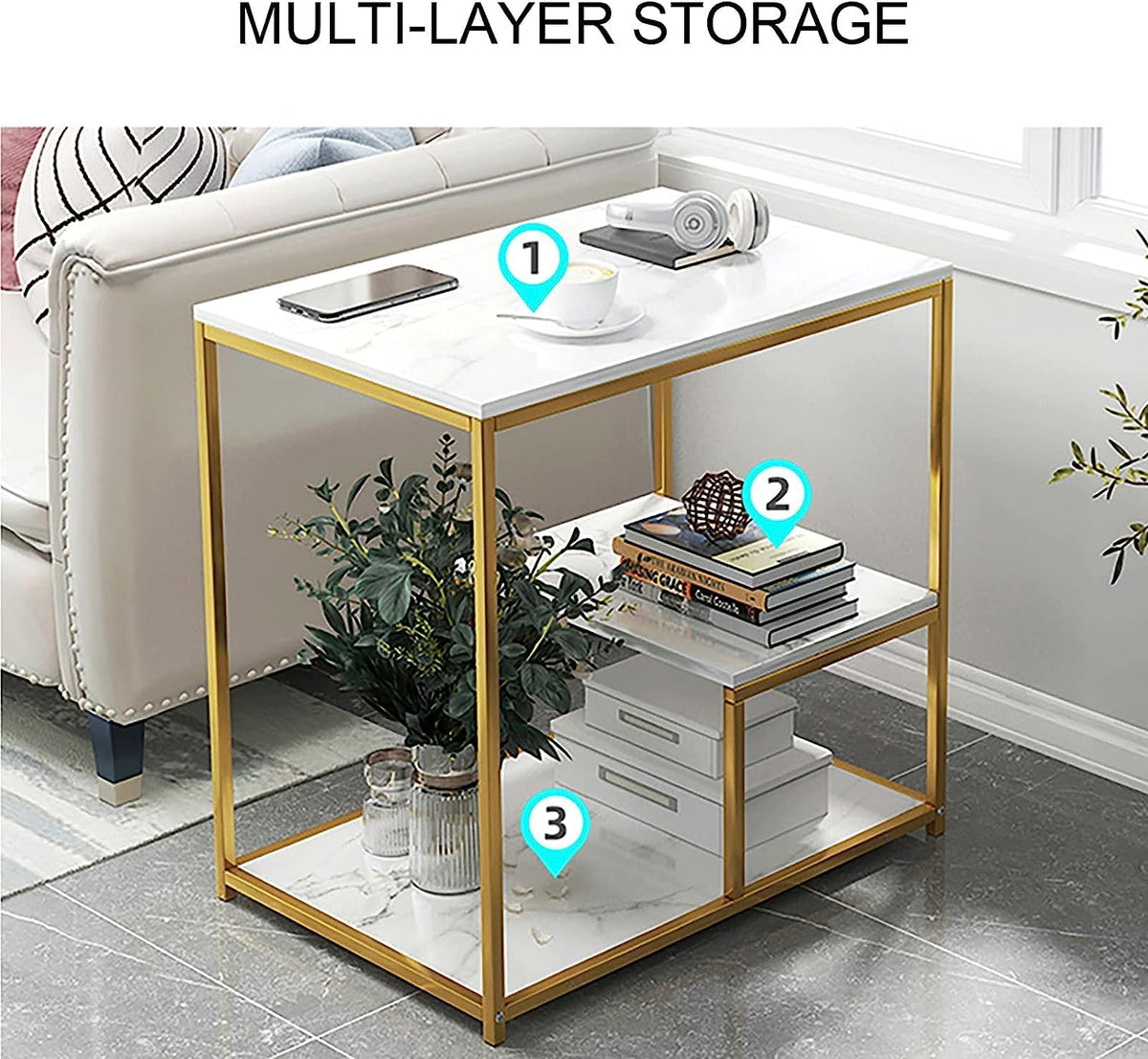 Masuta moderna cu blat tip marmura si cadru metalic auriu – 3 nivele de depozitare 60 x 40 x 68 cm
