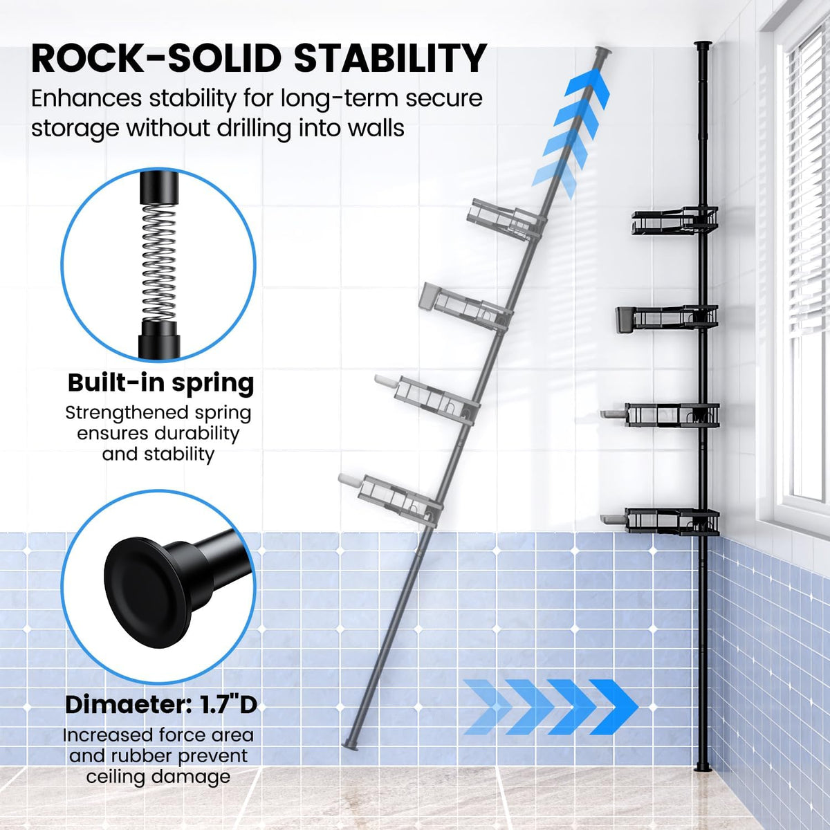 Etajeră metalică colț baie cu 4 rafturi – organizator extensibil vertical, fără găurire, 110-305 cm